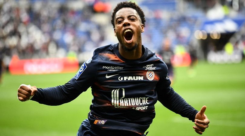 Montpellier&#039;s Elye Wahi celebrates after scoring against Lyon in May 2023.