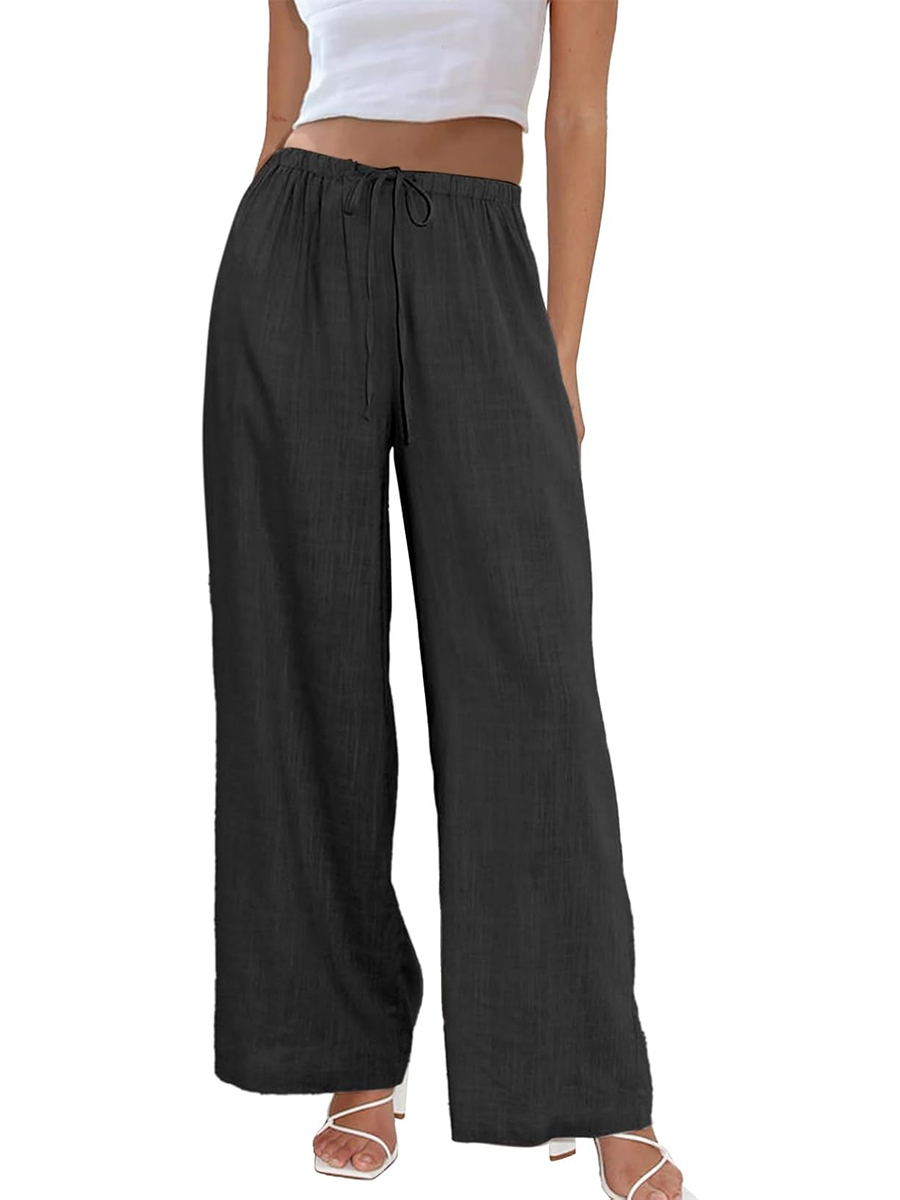 Duyang, Duyang Womens Cotton Linen Palazzo Pants Drawstring Elastic Waist Casual Wide Leg Trousers With Pockets(black,xs)