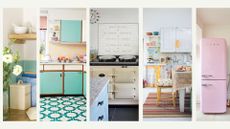 Compilation images of five different kitchens showing retro design elements to support the retro Kitschen trend with pastel paint colours and retro accessories