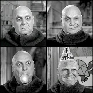 four images of a bald actor making a series of funny faces