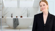 picture of marble bathroom with bath and cut out of Julianne Moore over top