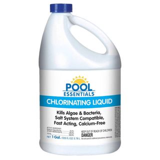 A bottle of Pool Essentials Chlorinating Liquid