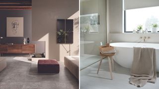 Compilation image of a living room and bathroom both in neutral color schemes with stone effect flooring to show how imperfect finishes are a huge flooring trend 2023