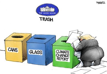 Political cartoon U.S. Trump White House climate change report denial trash