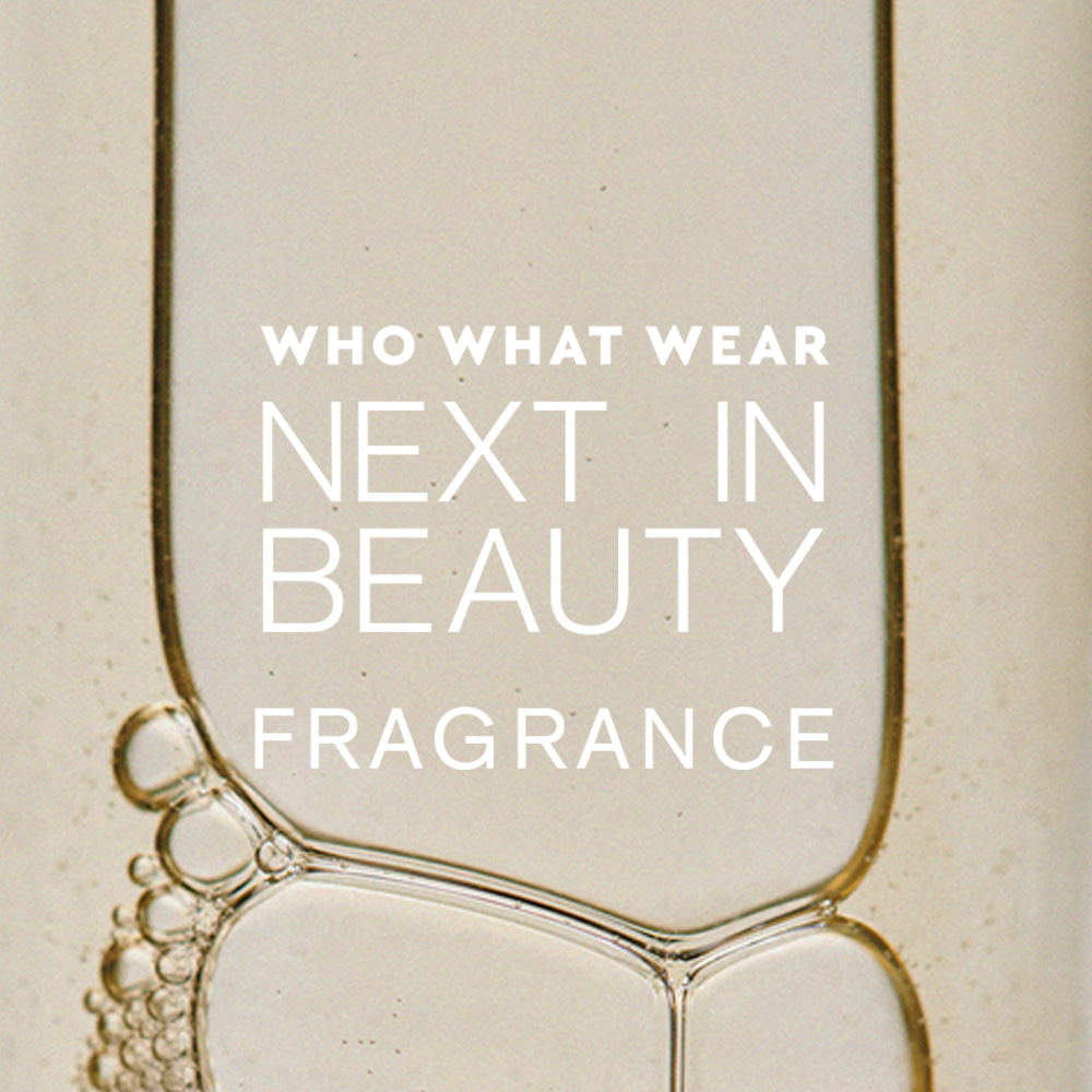 Liquid perfumes with the words "Who What Wear Next in Beauty Fragrance" overlayed