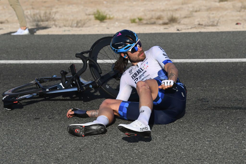 MADINAT ZAYED UNITED ARAB EMIRATES FEBRUARY 20 Rick Zabel of Germany and Team Israel Premier Tech crash during the 4th UAE Tour 2022 Stage 1 a 184km stage from Madinat Zayed to Madinat Zayed UAETour WorldTour on February 20 2022 in Madinat Zayed United Arab Emirates Photo by Tim de WaeleGetty Images