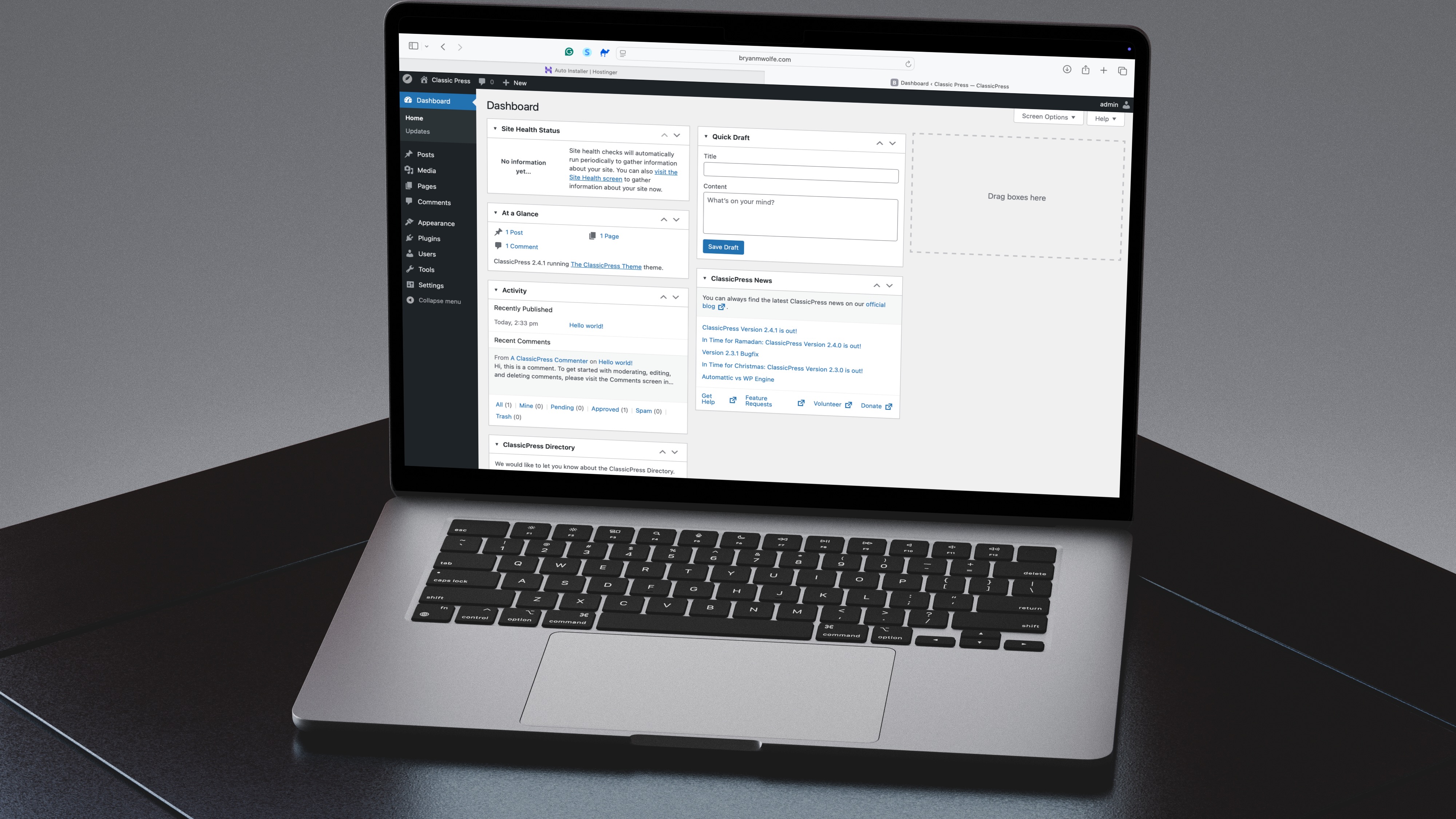 ClassicPress installation on a laptop