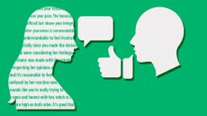 Illustration of a woman talking to a chatbot head that is giving a thumbs up response