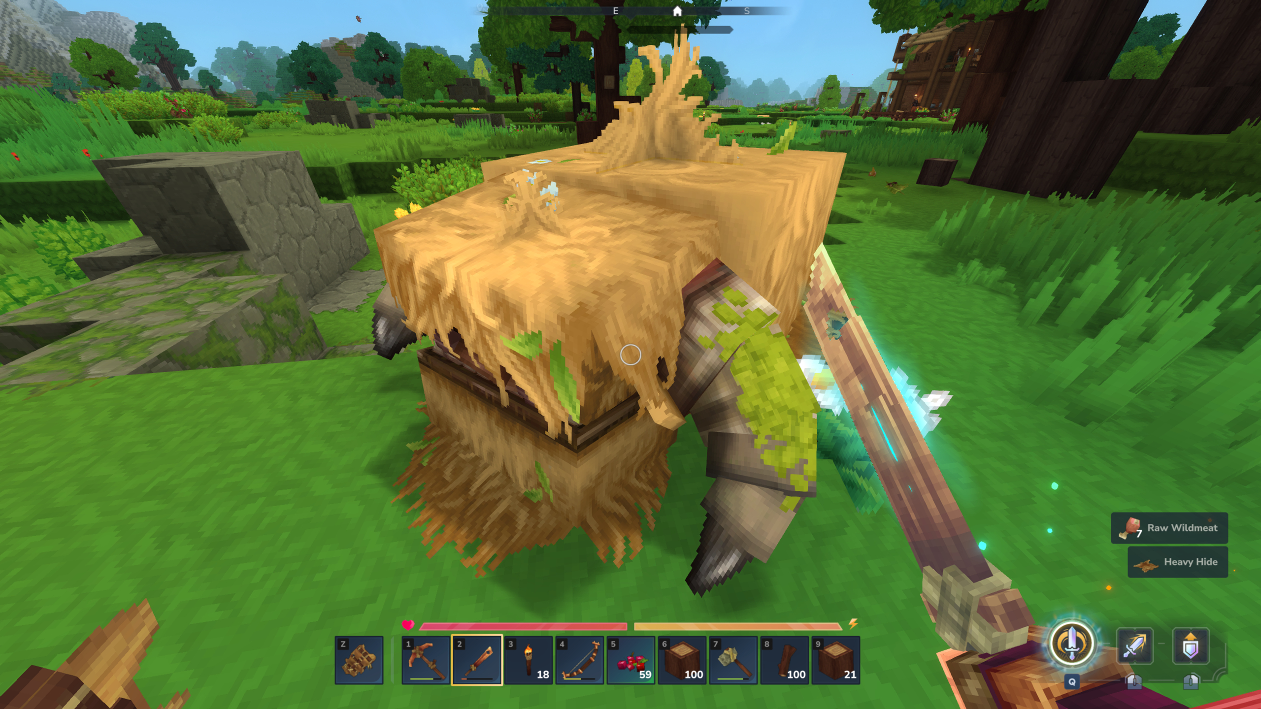 Hytale leather: A player looking at a mosshorn while holding a copper sword, ready to collect its heavy hide.