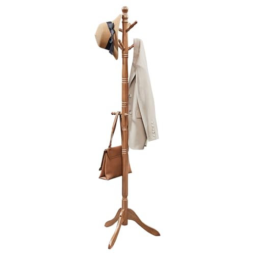 Vasagle Solid Wood Coat Rack and Stand, Free Standing Hall Coat Tree With 10 Hooks for Hats, Bags, Purses, for Entryway, Hallway, Rubberwood, Caramel Brown Urcr03wn