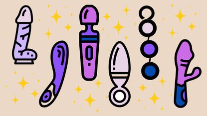 A selection of sex toys illustrated, an example of how to use sex toys