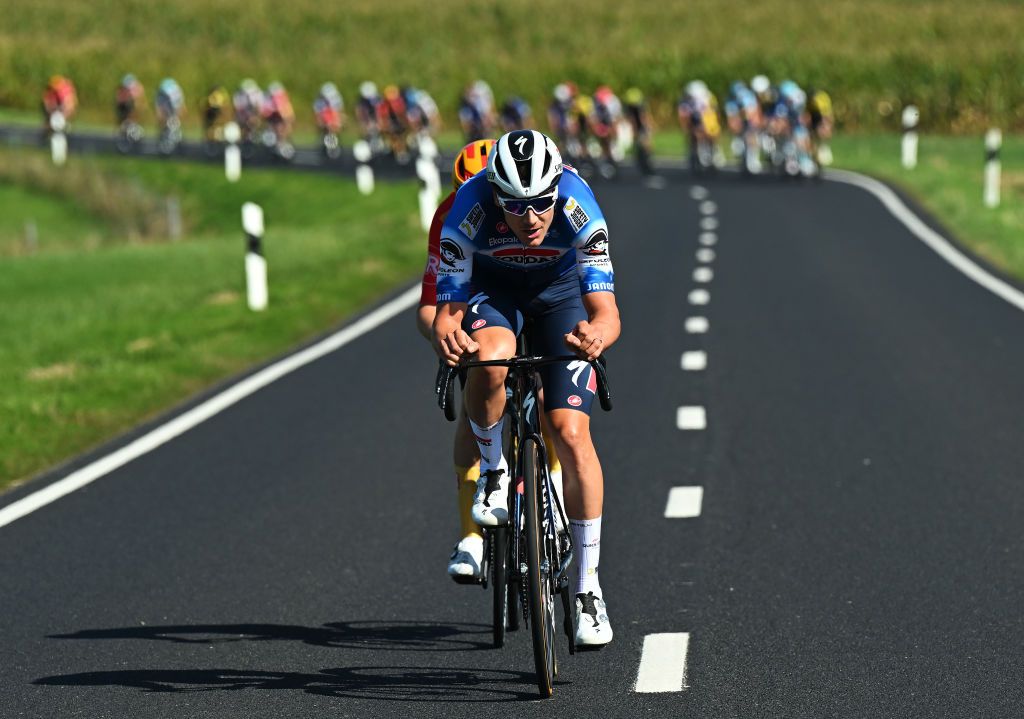 DIEKIRCH LUXEMBOURG SEPTEMBER 20 Louis Vervaeke of Belgium and Team Soudal QuickStep competes in the breakaway during the 84th Tour de Luxembourg 2024 Stage 3 a 2013km stage from Rosport to Diekirch UCIWT on September 20 2024 in Diekirch Luxembourg Photo by Tim de WaeleGetty Images