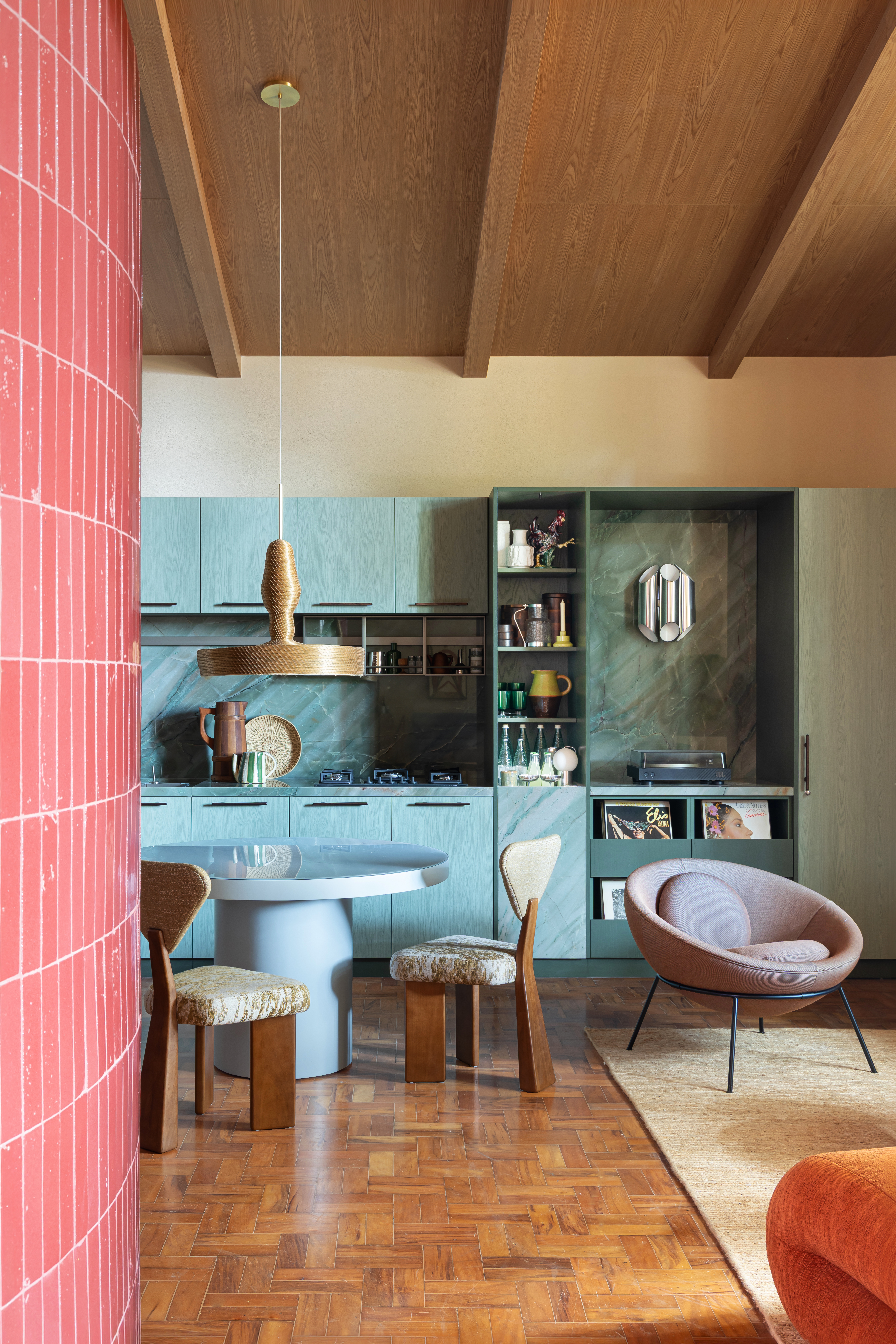 View of the living room with focus on kitchen