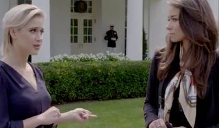 Borat Subsequent Moviefilm Tutar at the White House, speaking with a fellow reporter