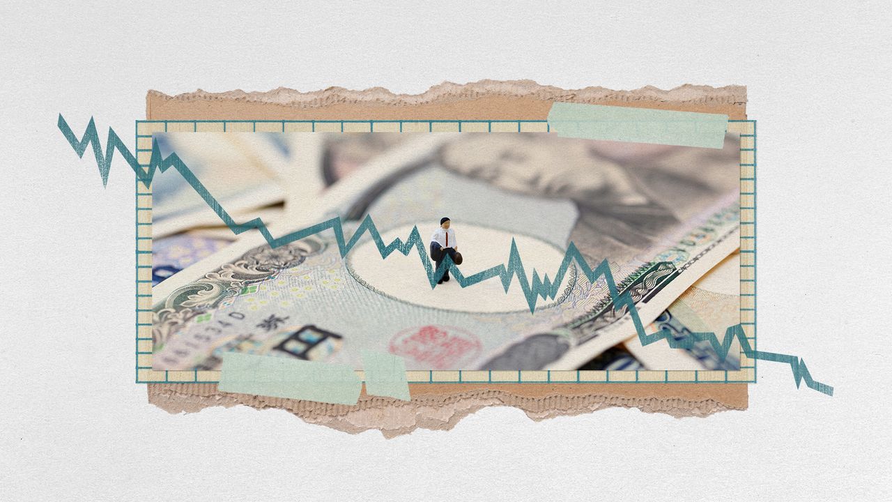 Photo collage of a tiny salaryman figurine standing atop a scattering of yen banknotes, photographed with shallow depth of field. Over the top, there is a line representing the falling value of yen, and in the background there&#039;s torn cardboard and graph paper.