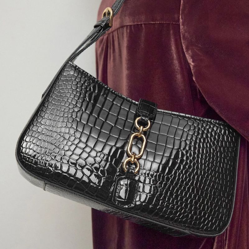 Black Croc Mini Structured Shoulder Bag on model 