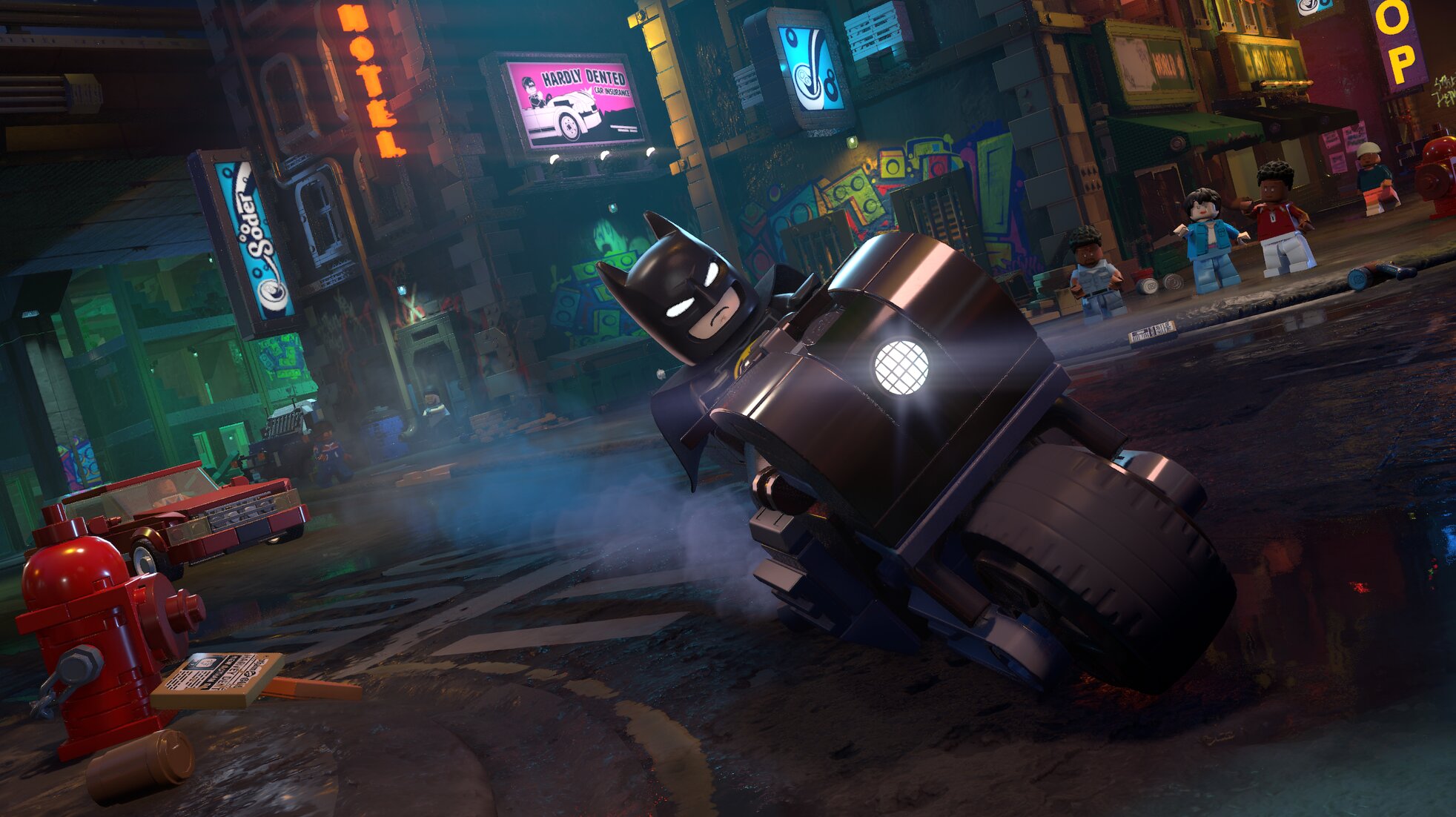 Batman riding the Bat Bike through Gotham City in LEGO Batman: Legacy of the Dark Knight