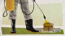 Photo collage of a giant person spraying pesticide on the US Supreme Court building
