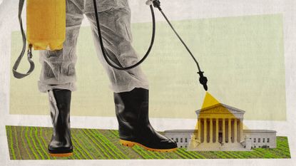 Photo collage of a giant person spraying pesticide on the US Supreme Court building