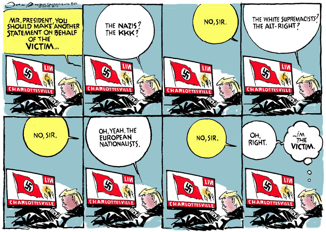 Political cartoon U.S. Trump Charlottesville victim white supremacy Nazi both&amp;amp;nbsp;sides