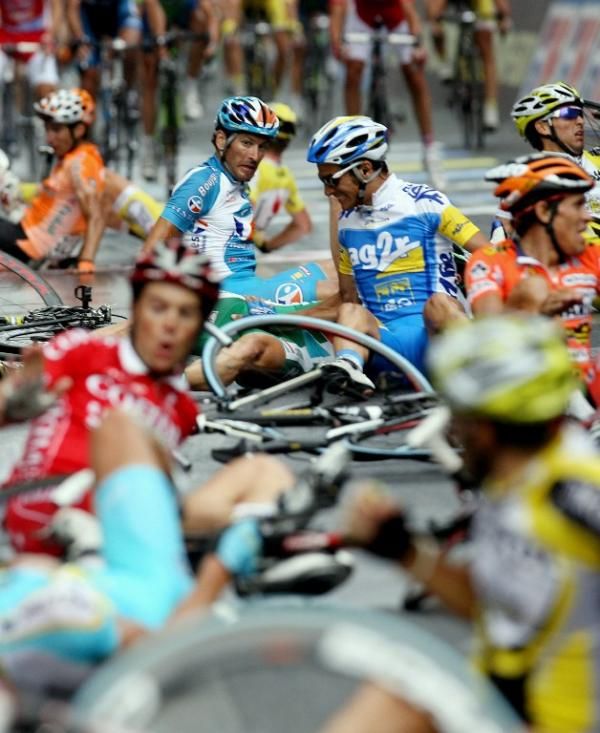 Absolute pandemonium took place at the finish of stage 11 in the 2007 Giro where rain-slickened streets causes scores of riders to slide, rather than ride, across the line.