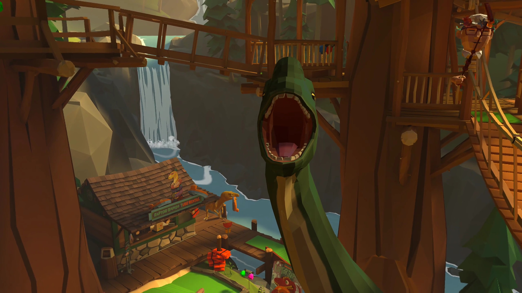 A screenshot of the Raptor Cliff&#039;s course in Walkabout Mini Golf taken from a Meta Quest 3 showing the hole where you have to hit the ball in the brontosaurus&#039;s mouth