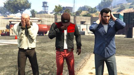 The three main characters in GTA 5 mimicking see no evil, speak no evil, hear no evil