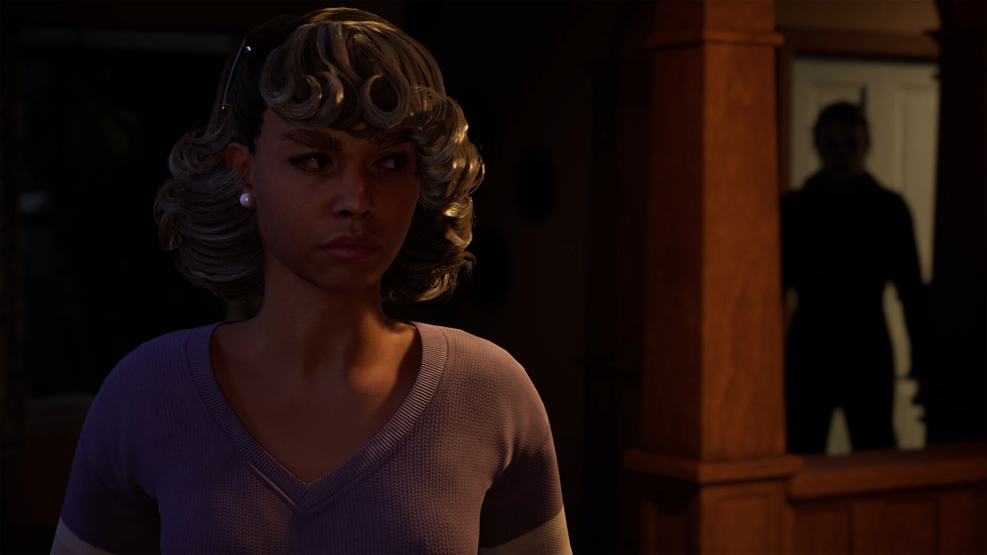 Halloween screenshot showing a young woman looking suspiciously to the side as an ominous shadow looks to the side, just behind her