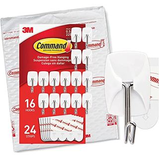 White plastic and silver metal hooks on red packadging