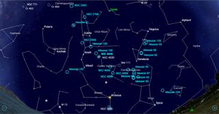 The SkySafari app allows you to create an object list and then highlight the items on the sky (blue circles). This chart for the eastern sky on April 14 at 10 p.m. local time shows the spring galaxies in the accompanying table. When the galaxies are near the zenith (directly overhead), they will look their best.