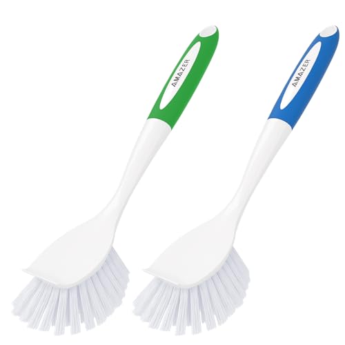 Amazer Dish Brush With Handle, 2 Pack Kitchen Scrub Brushes for Cleaning, Dish Scrubber With Stiff Bristles for Sink, Pots, Pans