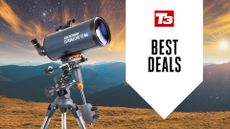 Celestron telescope against mountain background with deal overlay
