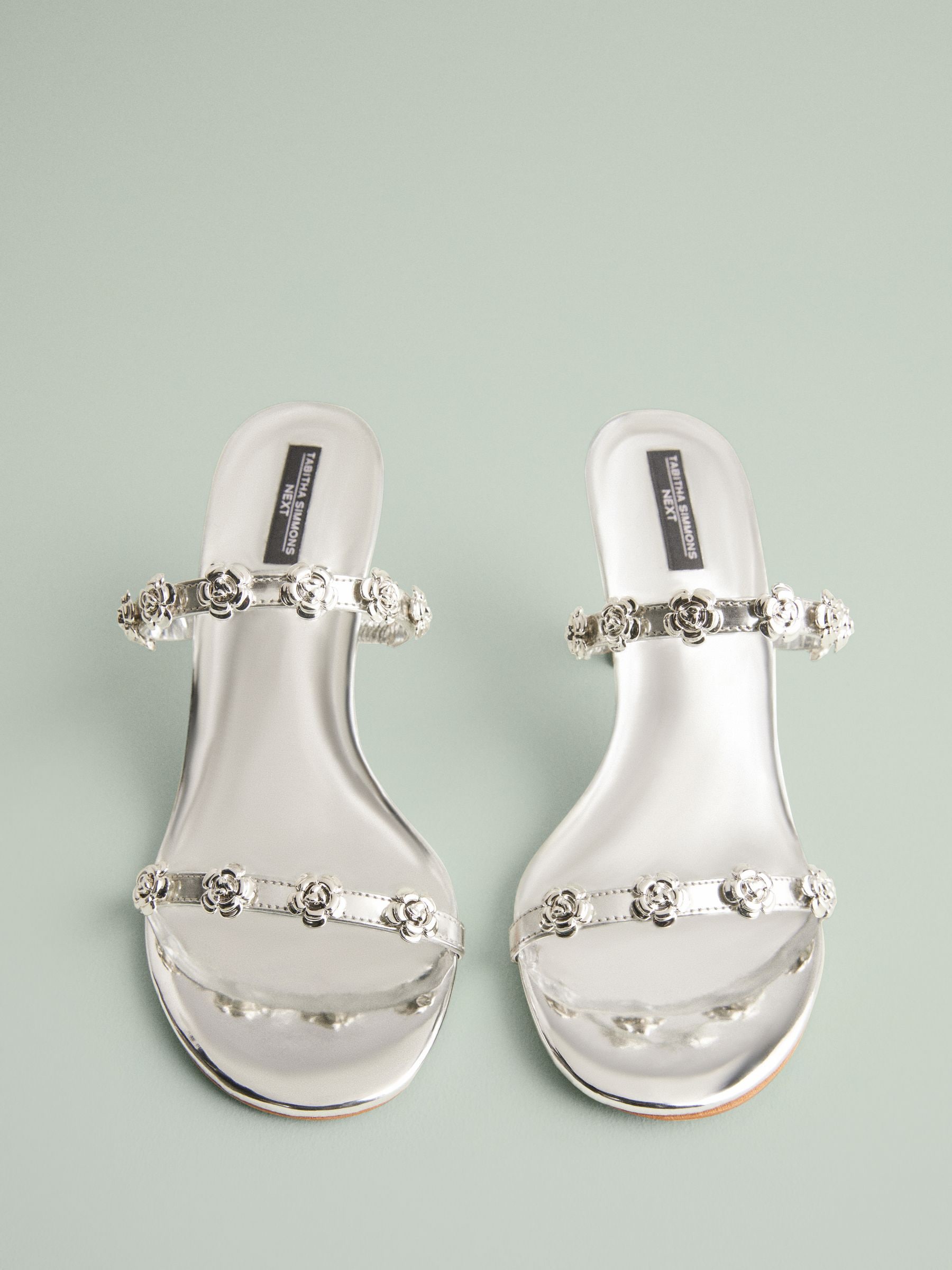 Silver Tabitha Simmons X Next Flora Leather Double Flower Detail Heel Mules
