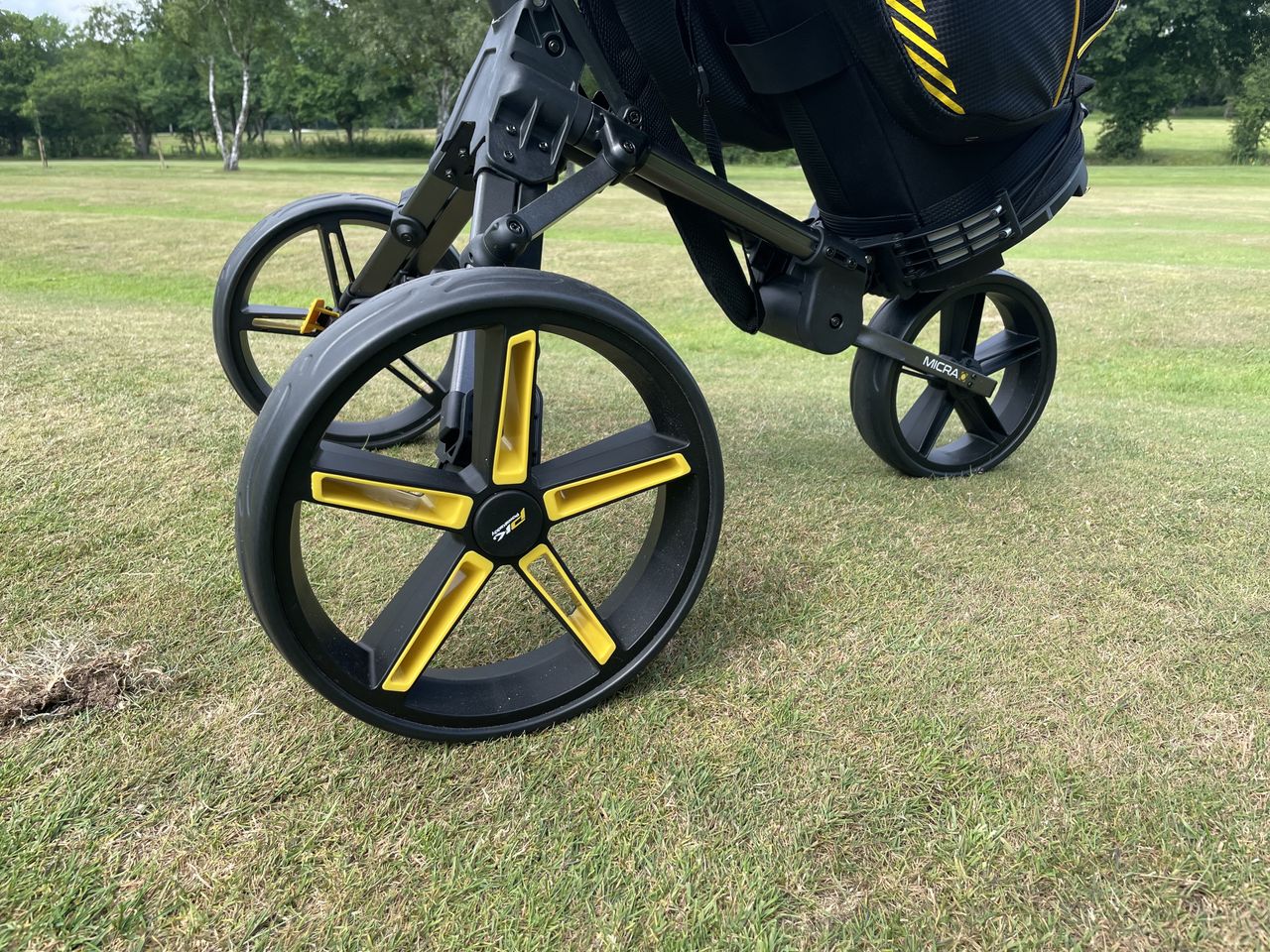 The sporty wheels on the PowaKaddy Micra Push Cart