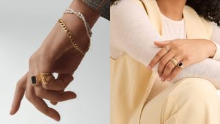composite of two women's hands wearing stacked rings