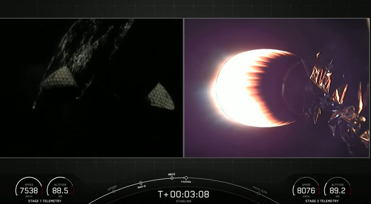 A SpaceX Falcon 9 rocket launches 60 Starlink internet satellites into orbit from NASA's Kennedy Space Center in Cape Canaveral, Florida as it makes a record 9th trip to space on March 14, 2021.