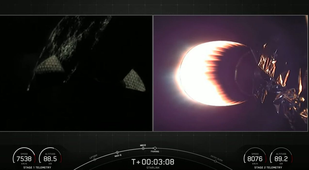 A SpaceX Falcon 9 rocket launches 60 Starlink internet satellites into orbit from NASA's Kennedy Space Center in Cape Canaveral, Florida as it makes a record 9th trip to space on March 14, 2021.