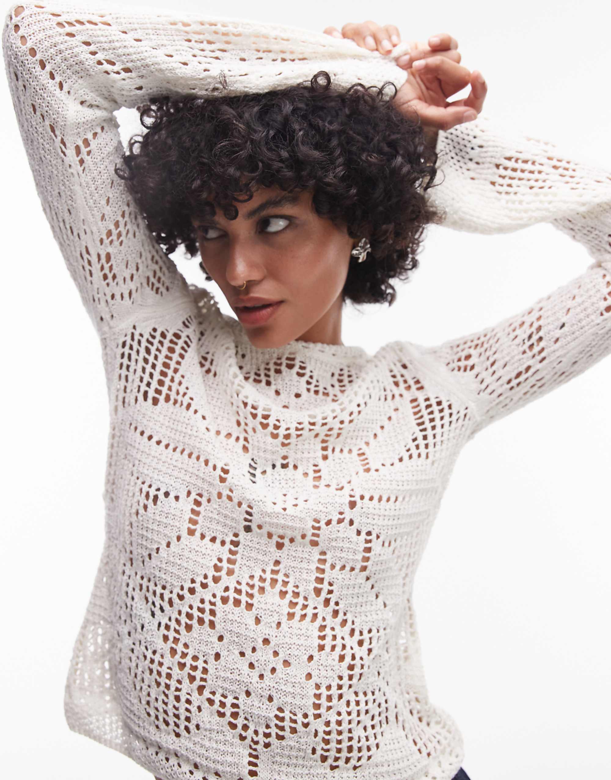 Topshop Knitted Slash Neck Lace Long Sleeve Top in Ivory