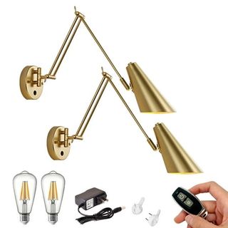 Kiven Battery Operated Iron Swing Arm Wall Lamp, Vintage Gold Rechargeable Wall Sconces, E26 Socket Bulb Included( Warm White),set of 2