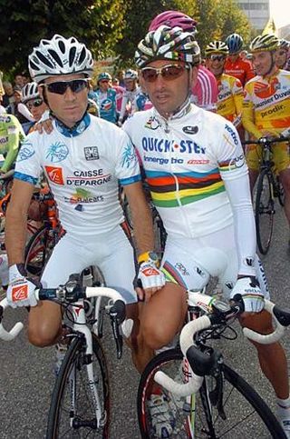 Paolo Bettini (Quick-Step)and Alejandro Valverde (Caisse d'Epargne-Illes Balears) together before start of Lombardia