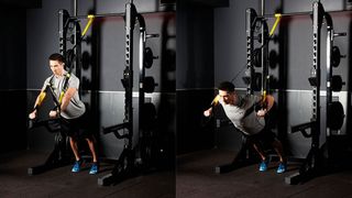 Man demonstrates two positions of the TRX press-up