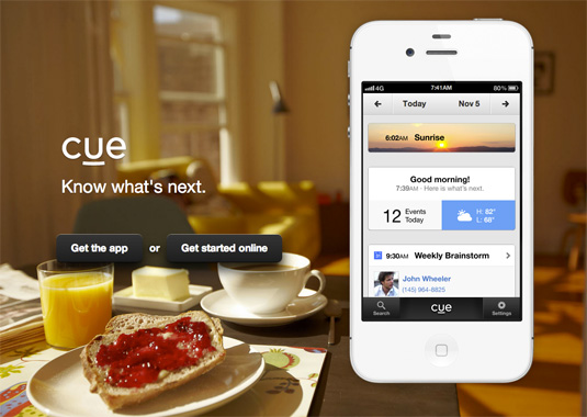 Cue's homepage makes a very creative use of the background
