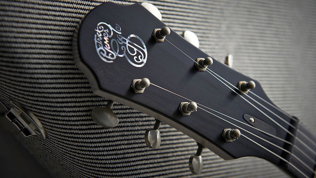 Light weight, open-backed Waverly tuners are aged like the ABM bell-brass wrapover bridge
