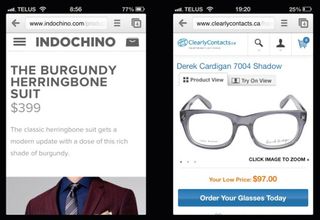 Indochino's product page lacks a visible Add to Cart button, while Clearly Contacts presents the user with an obvious buying path as soon as the page loads