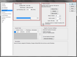 The Preferences panel enables you to adjust Memory Usage