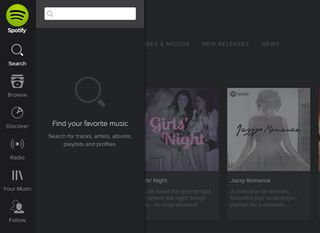 Spotify's search box slides out on the left when needed