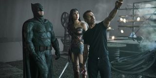Zack Snyder on the set of Justice League with Ben Affleck and Gal Gadot