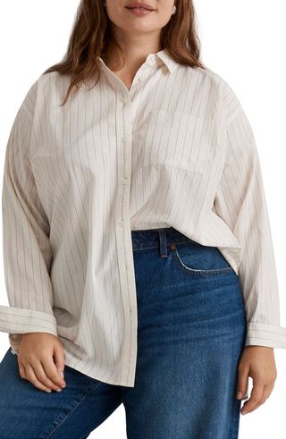 Signature Stripe Oversize Patch Pocket Poplin Button-Up Shirt