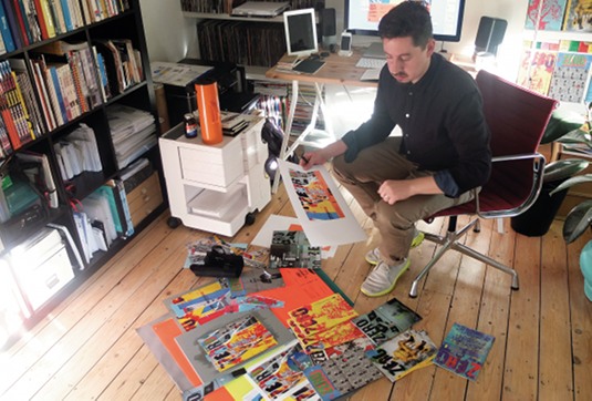 Tom Muller in his studio, where he creates the design concepts for each issue of Zero, a spy comic from writer Ales Kot