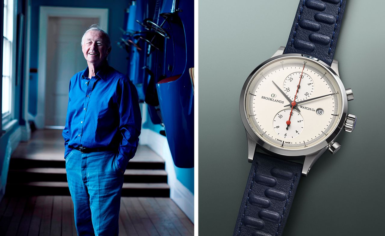 the late Sir Terence Conran and right, the Triple-Four Chronograph with a white face and black strap.